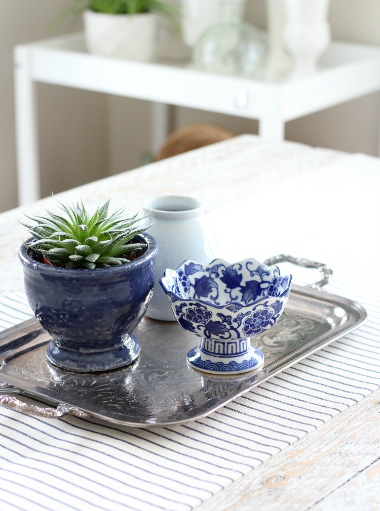 Thrifted Silver Tray with Chinoiserie Candy Dish and Potted Succulent