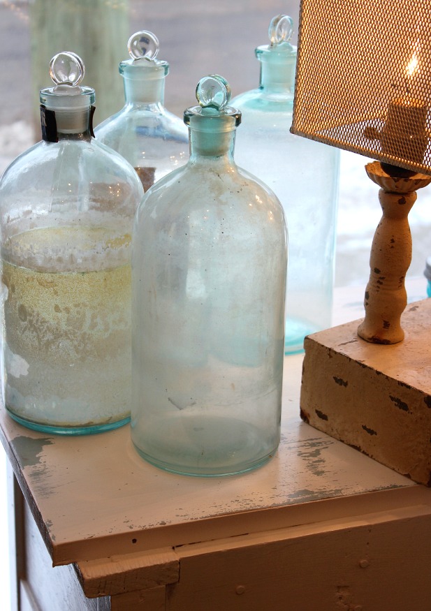 Aqua Vintage Glass Bottles with Patina