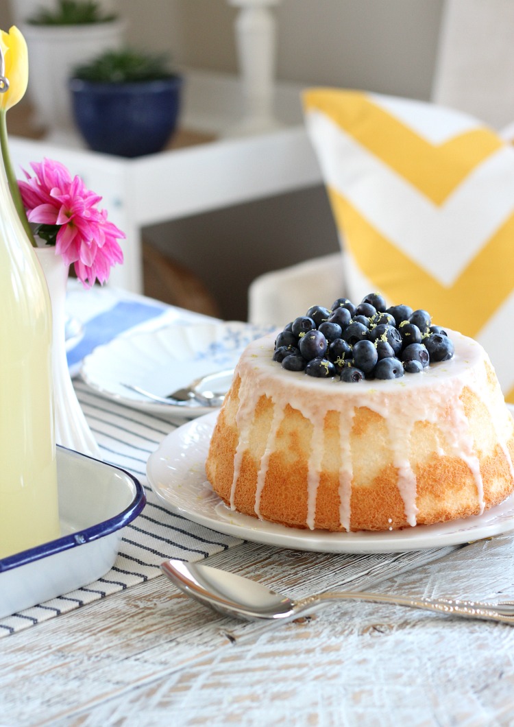 Blueberry and Lemon Angel Food Cake on White Plate for Mother's Day