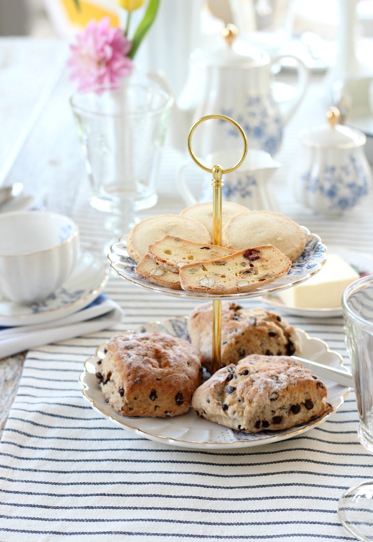 Blue and White Floral Tiered Server with Scones and Cookies for Afternoon Tea