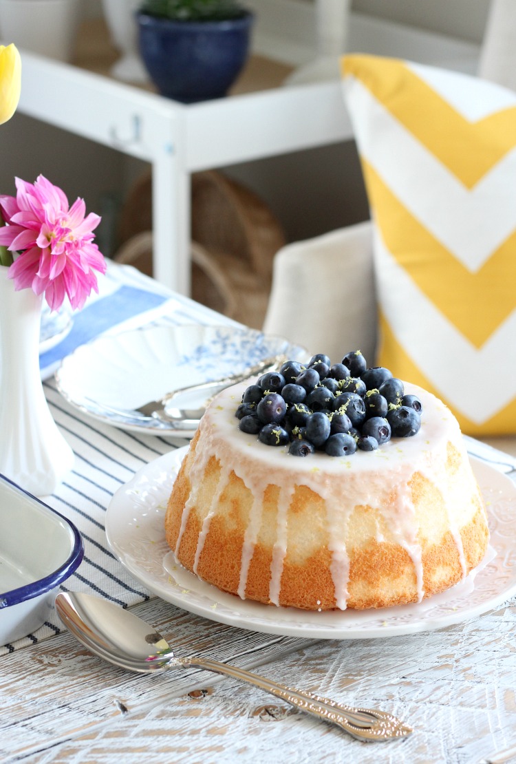 Blueberry and Lemon Angel Food Cake on White Patterned Plate