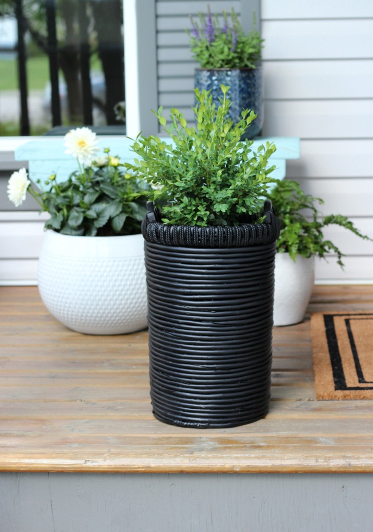 Black Outdoor Basket Planter with Boxwood on Front Porch