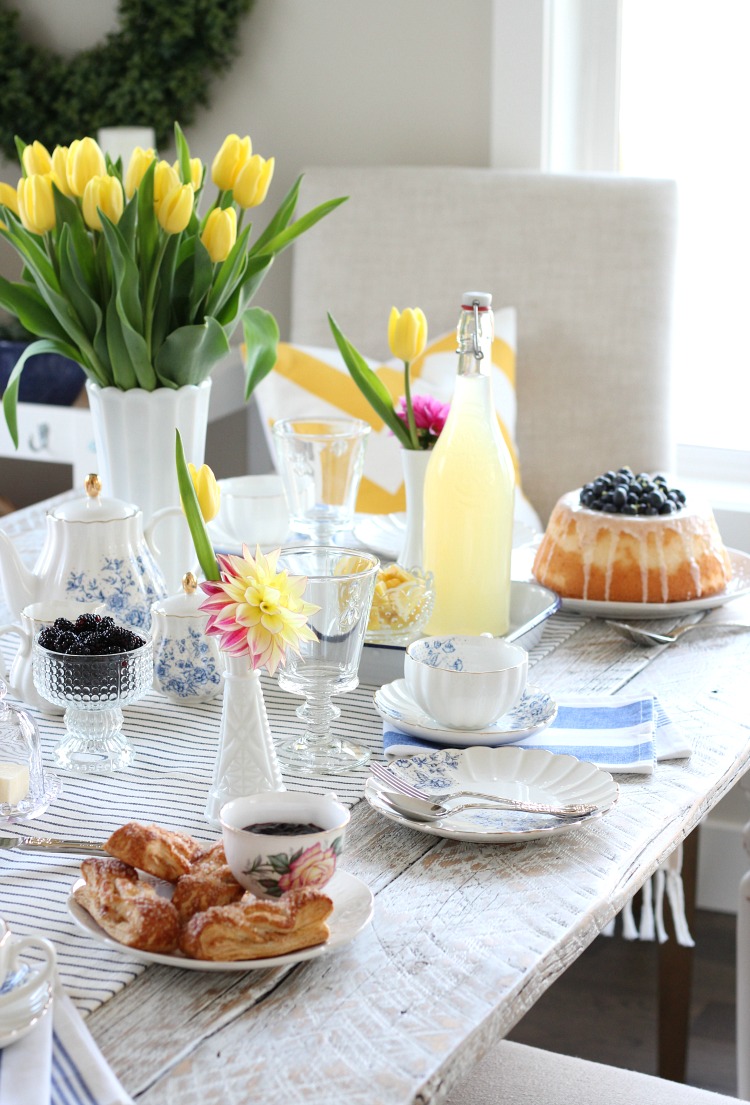 Afternoon Tea for Mother's Day with Cheery Table Decor, Floral Tea Cups and Blueberry Angel Food Cake