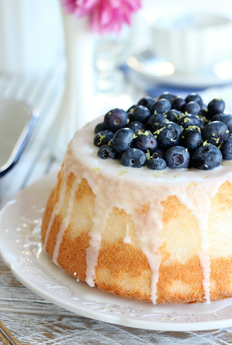 Fresh Blueberry and Lemon Angel Food Cake on White Plate for Mother's Day