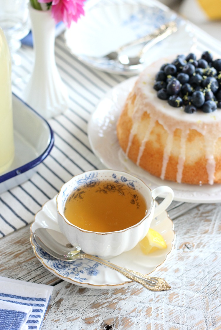 Angel Food Cake filled with Lemon Curd and Blueberries with Cup of Tea