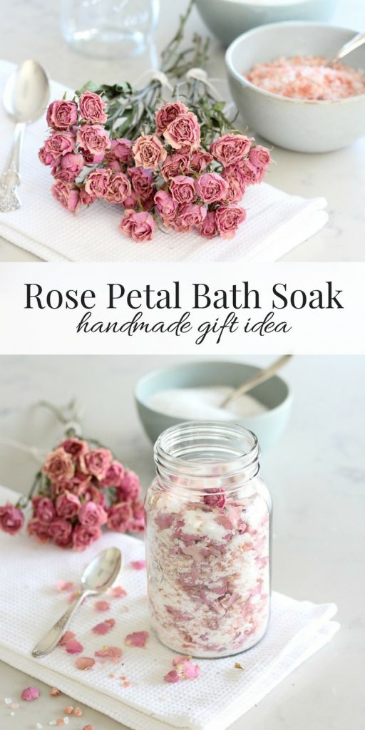 Supplies and Ingredients to Make Homemade Rose Petal Bath Soak, Including Dried Roses, Himalayan Salt and Jar