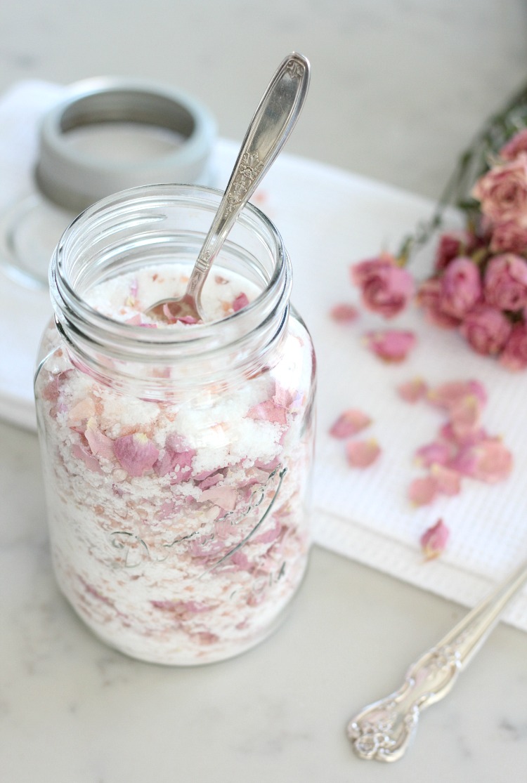 Pink Rose Petal Salt Soak in Vintage Mason Jar and Silver Spoon