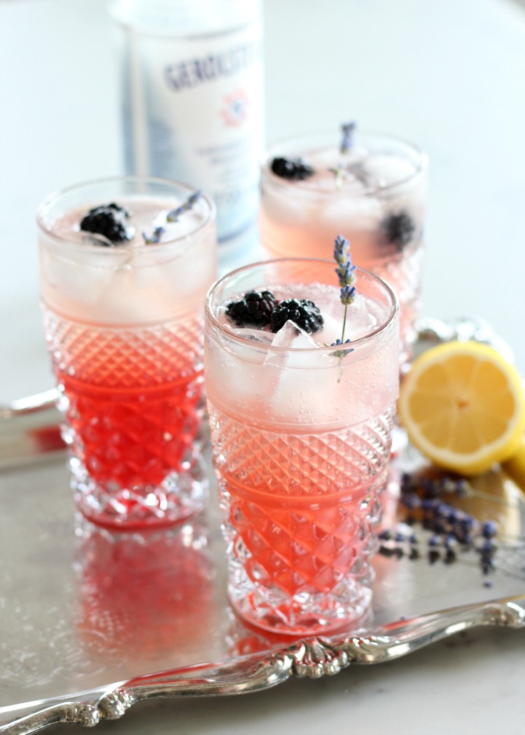 Silver Tray Filled with Lavender Lemonade in Anchor Hocking Tumblers