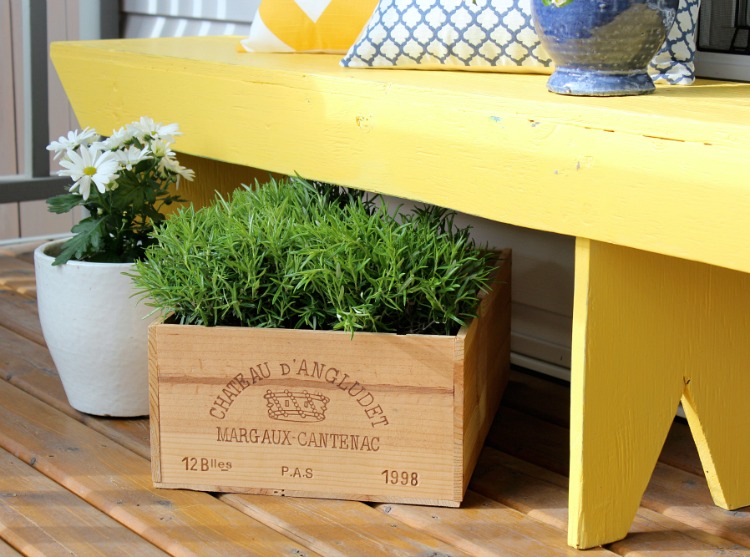 Wine Crate Planter with Herbs on Front Porch