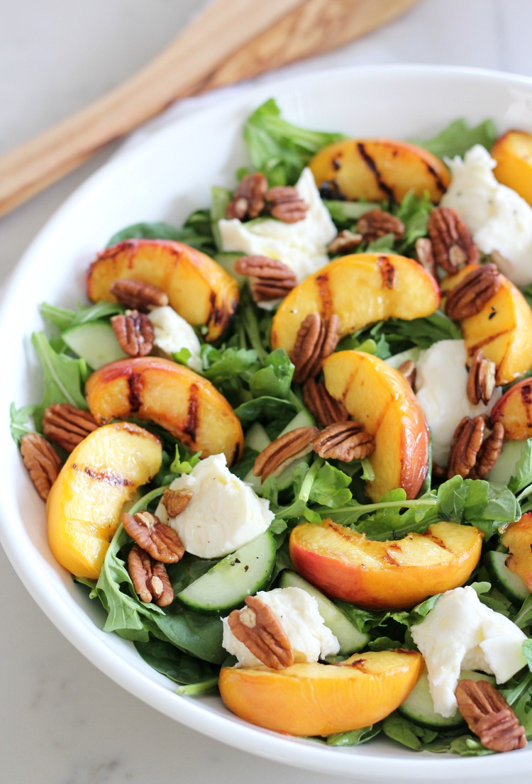 Grilled Peach Summer Salad with Spinach, Arugula, Fresh Mozzarella, Toasted Pecans and Maple Vinaigrette