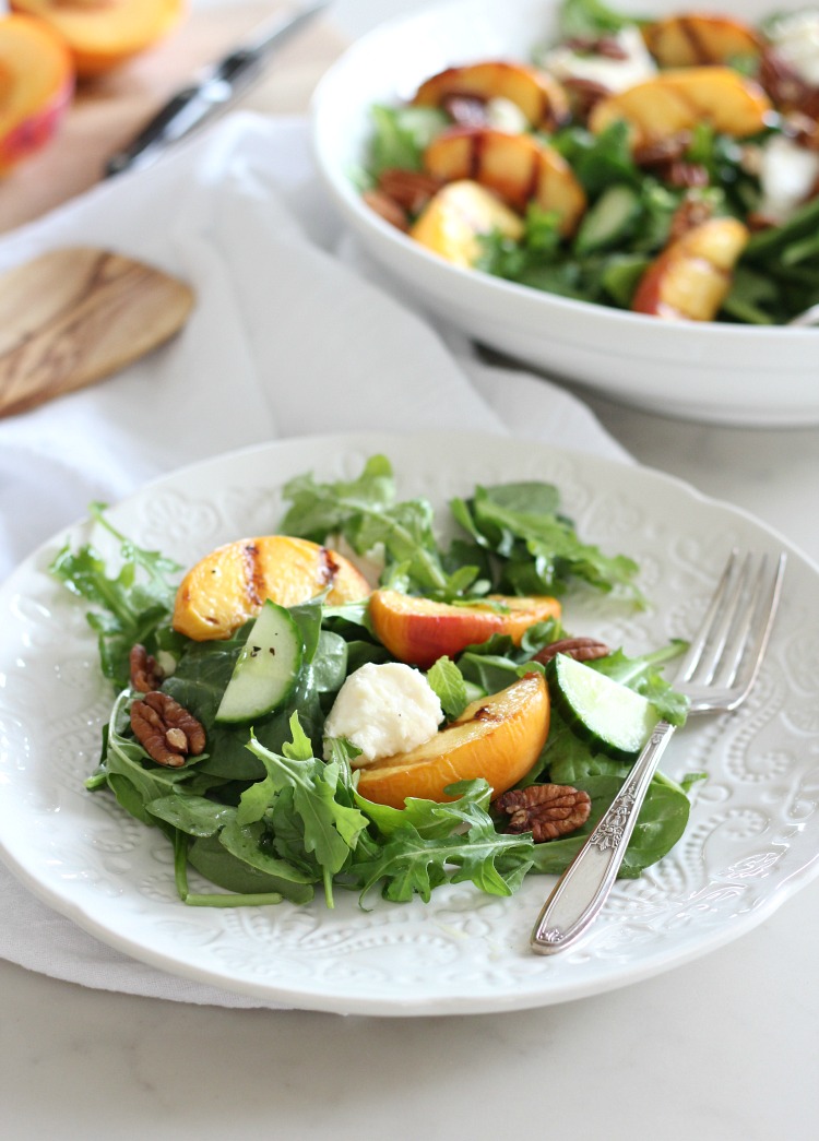 Grilled Peach Salad with Mixed Greens, Fresh Mozzarella and Maple Vinaigrette