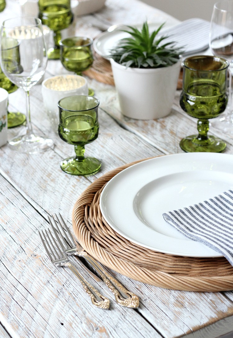 Eclectic Fall Tablescape with Wicker Chargers, Kings Crown Vintage Green Goblets and Gold Flatware 