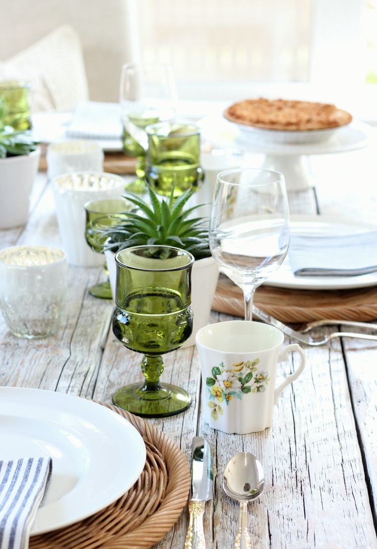 Eclectic Fall Tablescape with Vintage Floral Mugs and Green Goblets