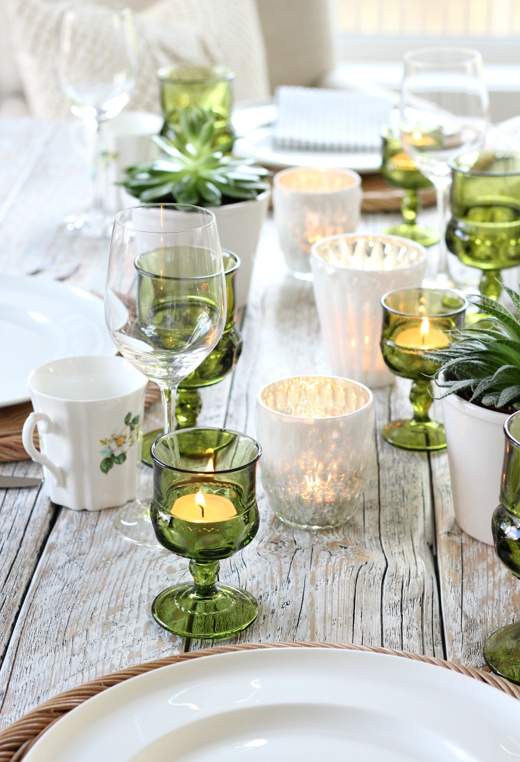 Eclectic Fall Tablescape with Vintage Green Glass Tea Light Holders and Mercury Glass Votives