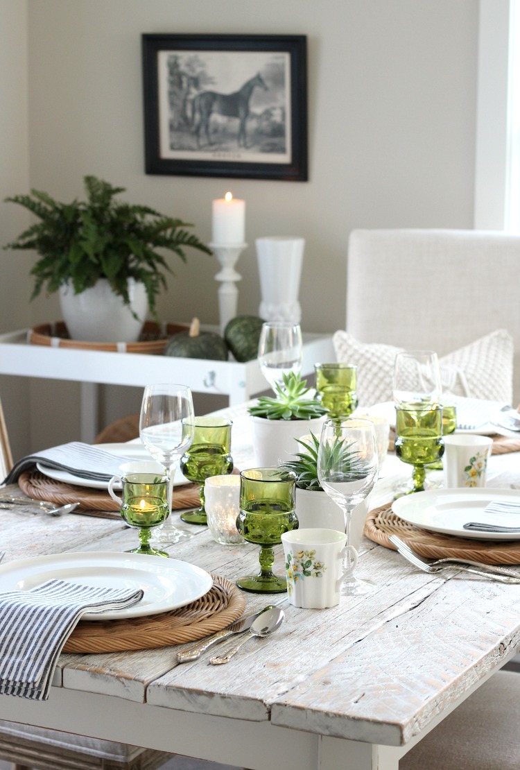 Fall Eclectic Table Setting in Green, Gold and White 