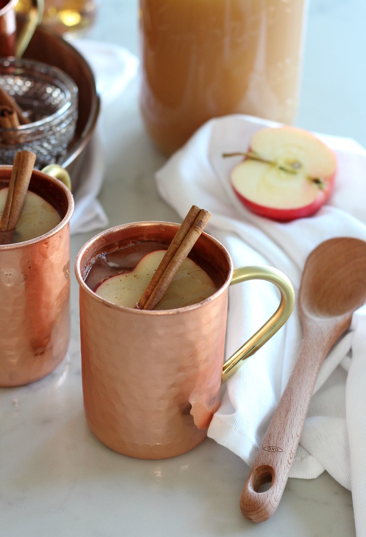 Spiked Apple Cider in Copper Mug with Apple Slice and Cinnamon Stick