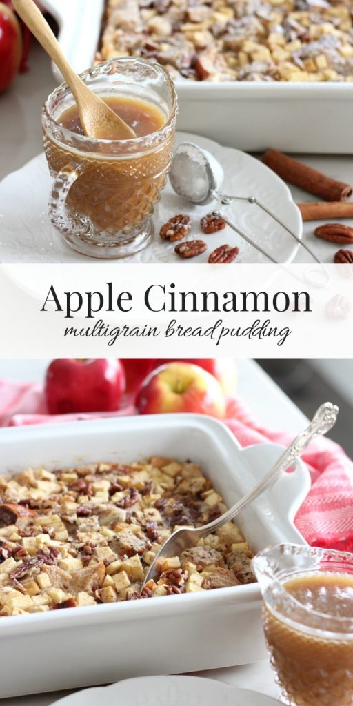 Apple Cinnamon Multigrain Bread Pudding in White Baking Dish