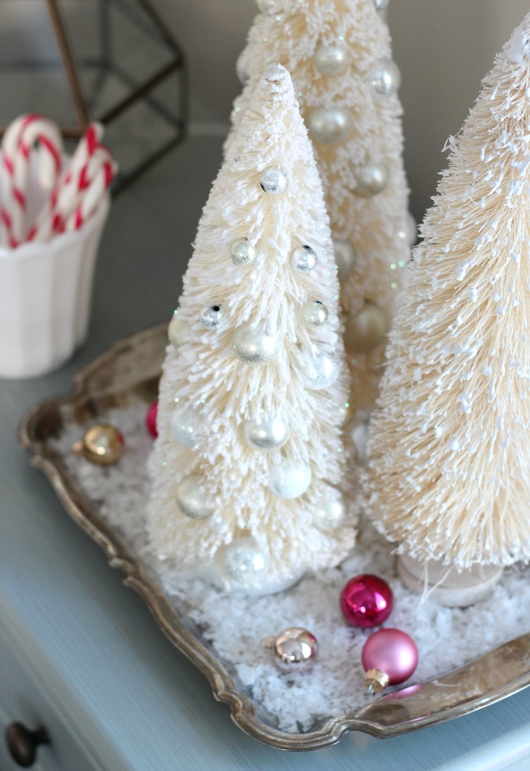 Bottle Brush Trees with Pink Ornaments on Vintage Silver Tray