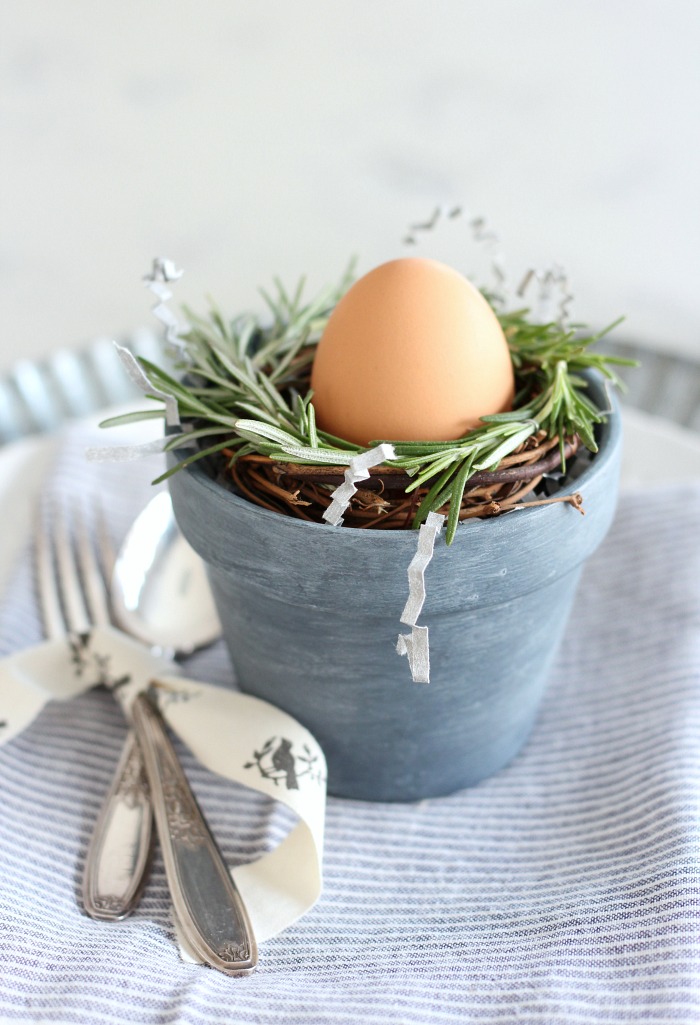 Mini Concrete Painted Pots with Rosemary Wreath and Easter Egg - Satori Design for Living