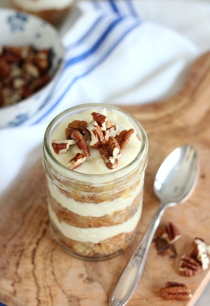 Layers of Carrot Cake and Cream Cheese Frosting in a Mason Jar