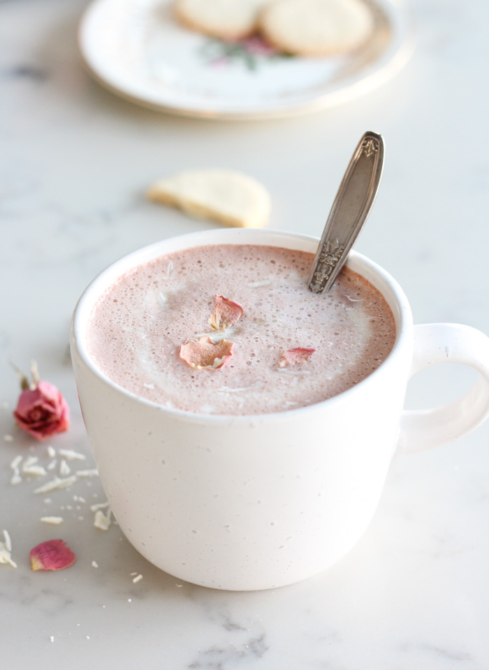 Pink Hot Chocolate for Valentine's Day with Fresh Strawberries and White Chocolate