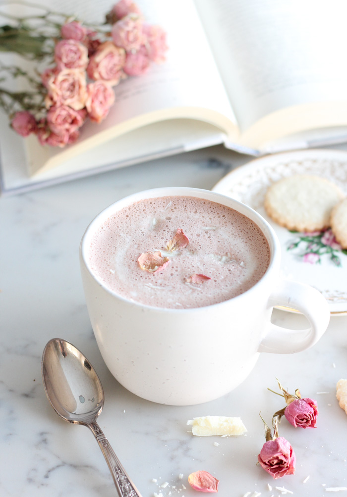 A Mug of Strawberry Hot Chocolate for Valentine's Day with Dried Rose Petals