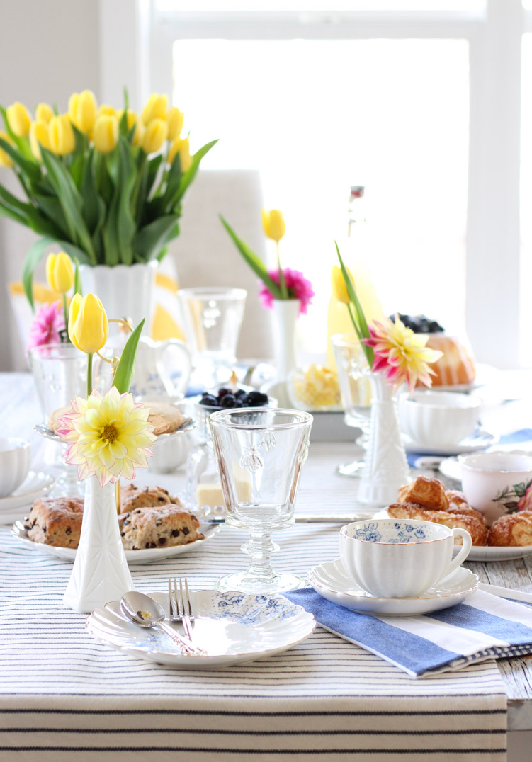 Afternoon Tea for Mother's Day - Bright and Cheery Spring Table Setting with Yellow Tulips in Milk Glass Vase