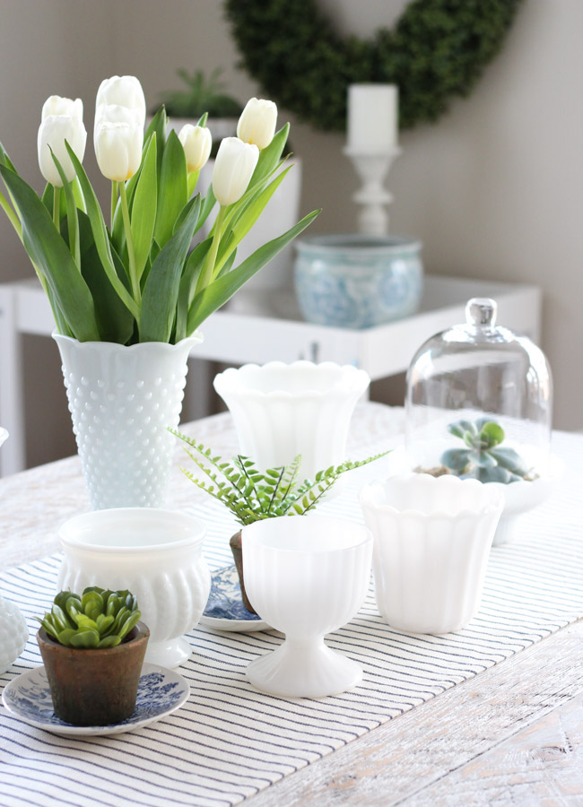 Spring Table Centerpiece with Milk Glass Vases and Tulips