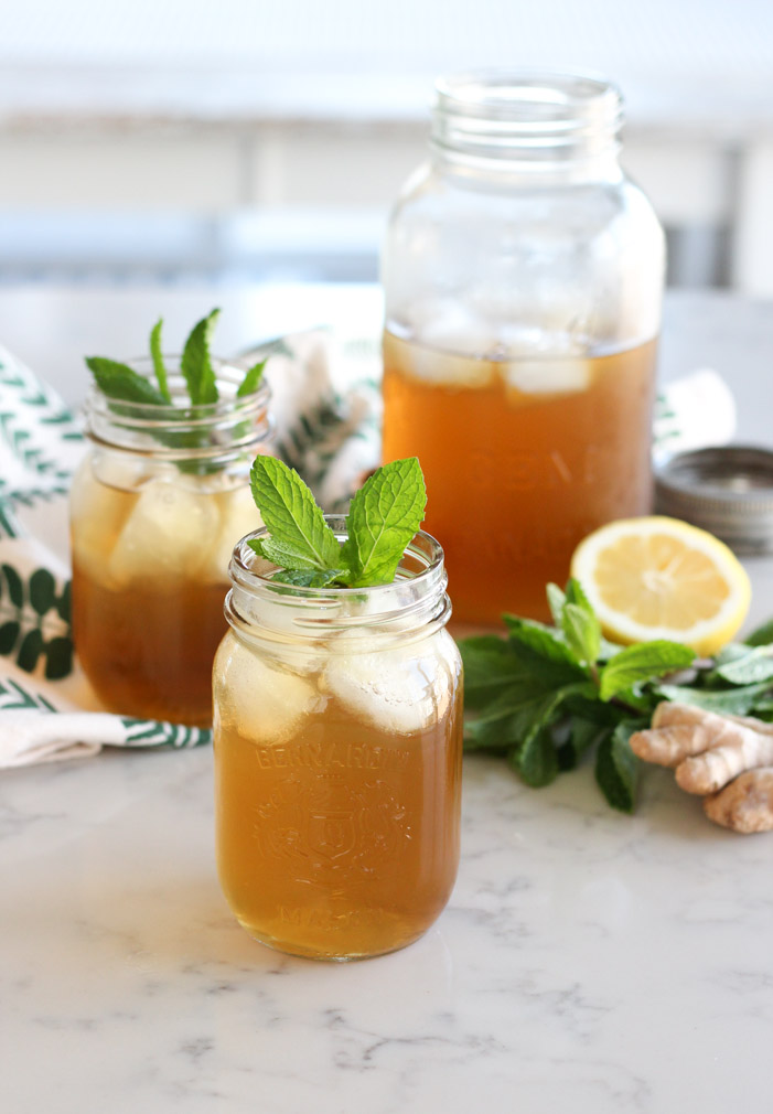 Homemade Iced Tea in a Jar with Fresh Ginger and Mint