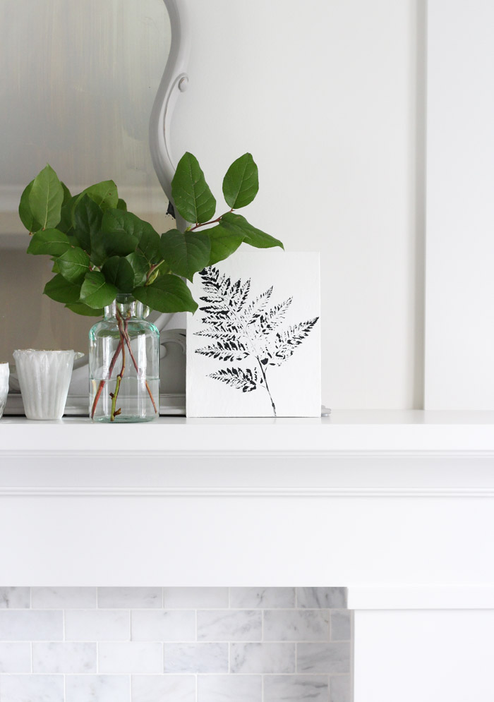 Black and White Printed Fern Art on White Fireplace Mantel