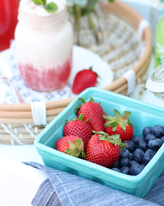 Fresh Strawberry Recipes - Strawberries and Blueberries in Turquoise Berry Box Colander