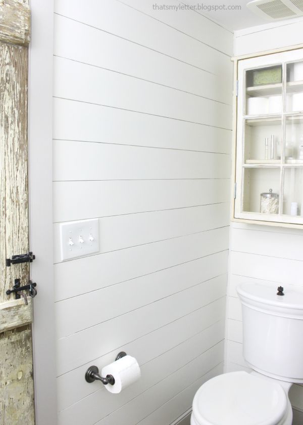 Bathroom Makeover with Shiplap Walls and Benjamin Moore White Dove Paint