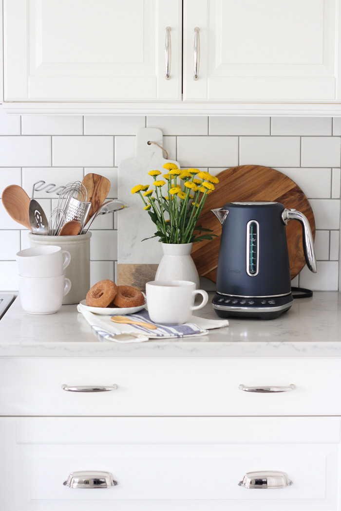 Breville Damson Blue Luxe Kettle in White Kitchen