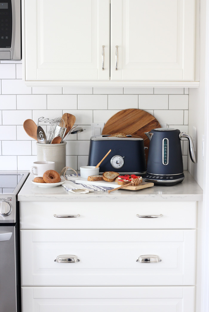 Breville Damson Blue Toaster and Kettle in White Kitchen