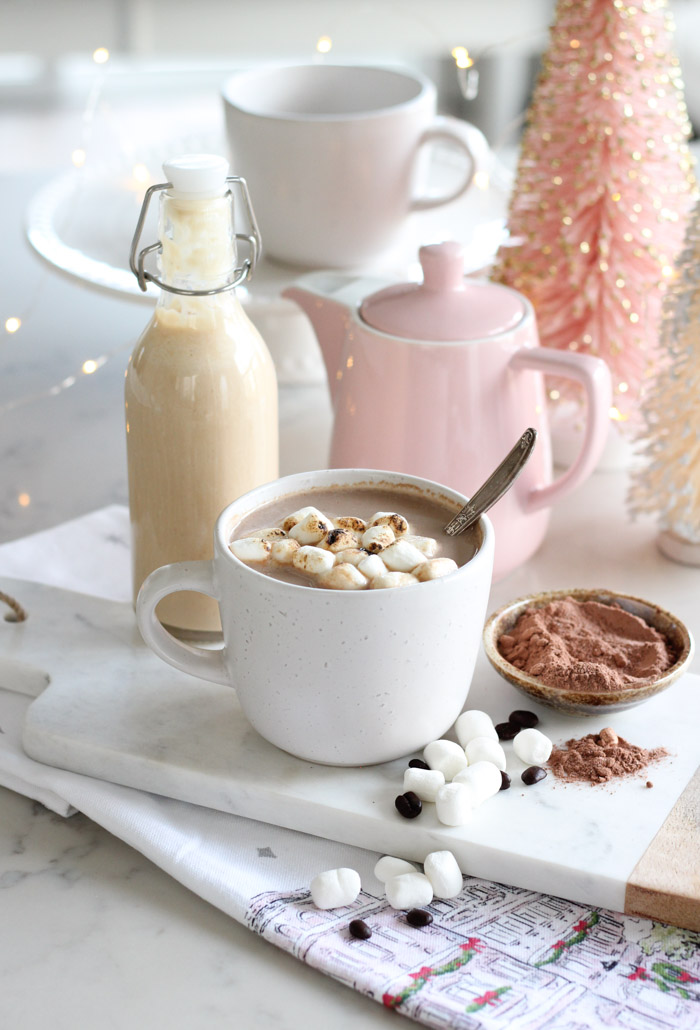 Homemade Toasted Marshmallow Creamer in Glass Bottle with Mocha in White Mug