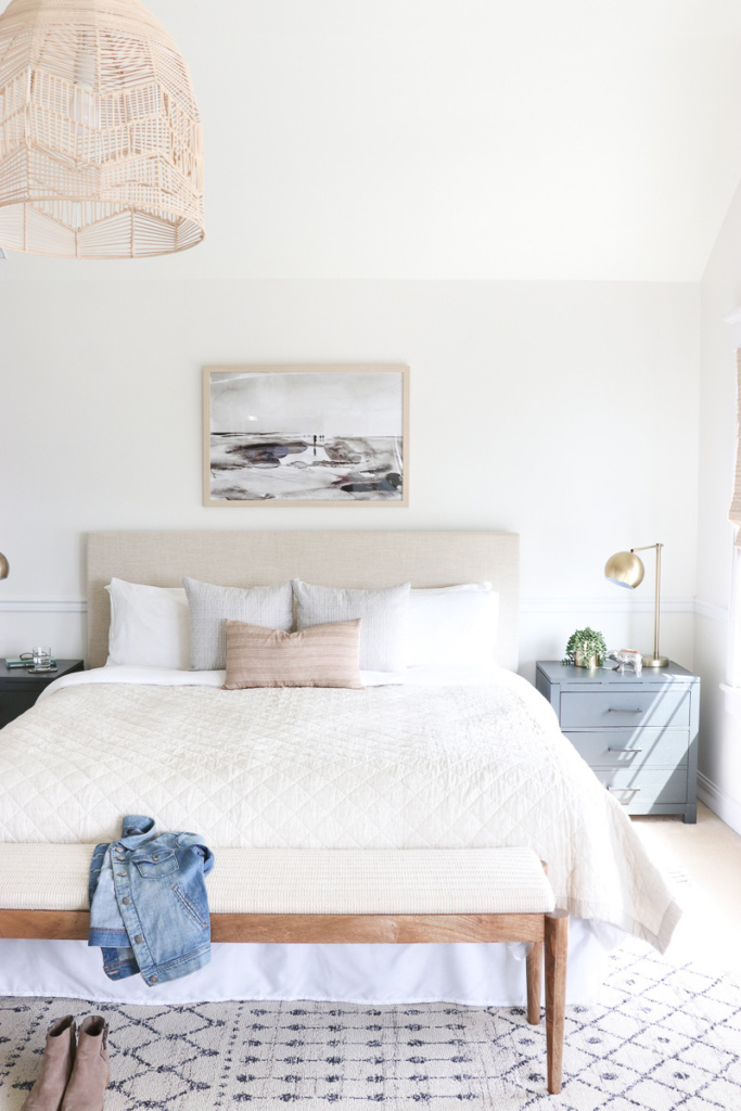 White Dove Bedroom Walls with Linen Headboard and Basket Light Fixture - City Farmhouse