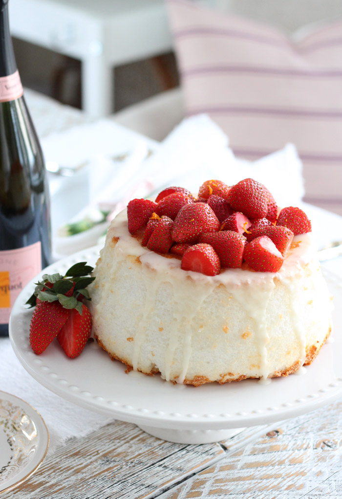 Strawberry Angle Food Cake on White Cake Stand for Valentine's Day