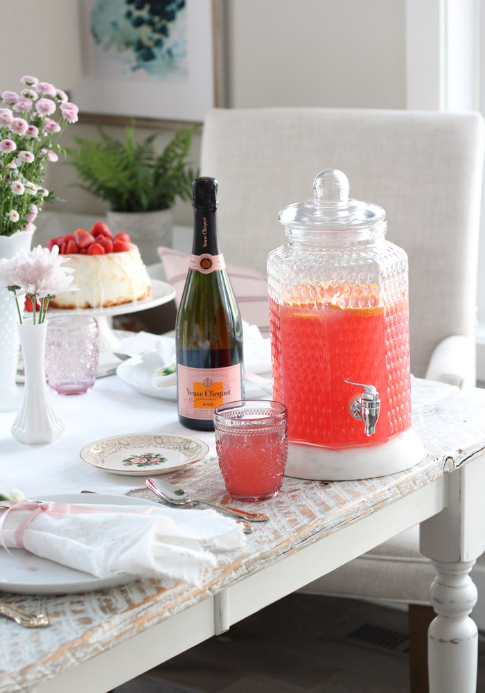 Pink Grapefruit Valentine's Day Punch in Glass Drink Canister with Pink Glass