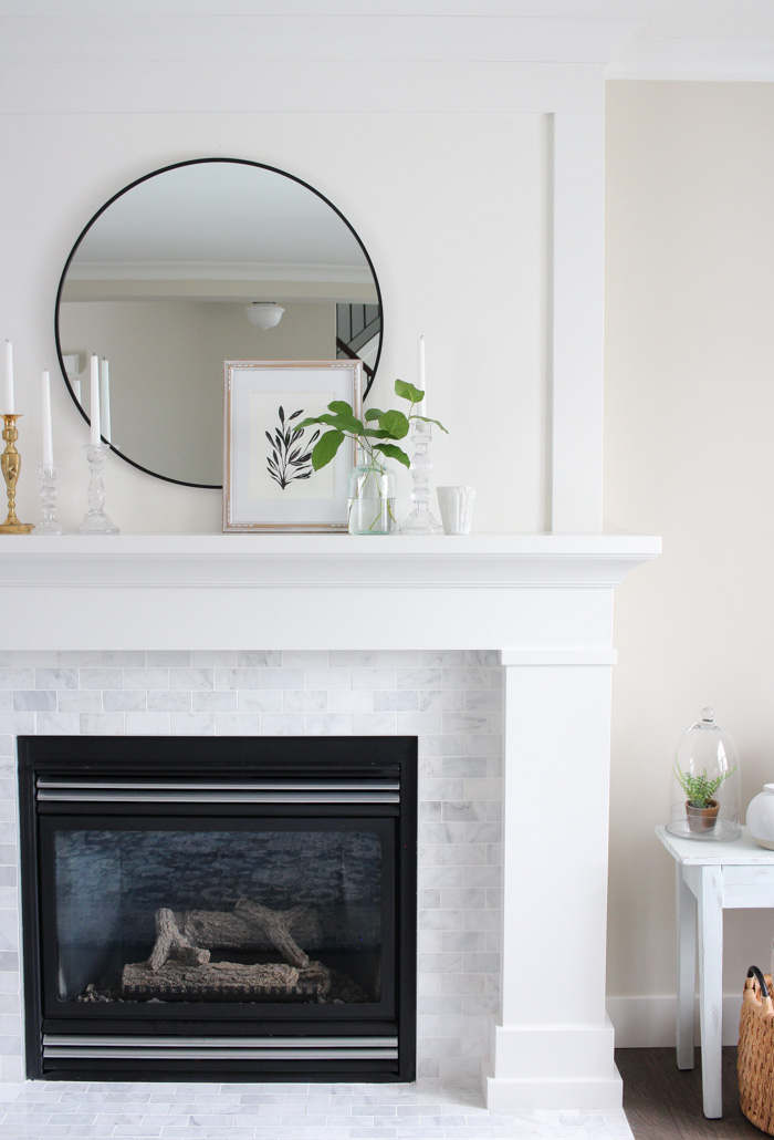 White Classic Fireplace Makeover with MDF Mantel and Marble Subway Tile Surround