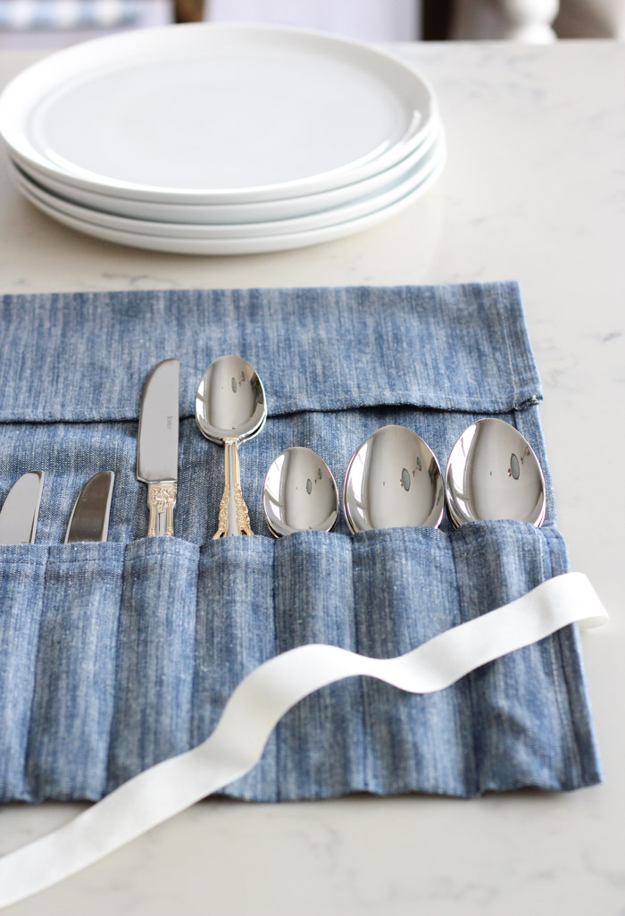 Roll Up Cutlery Holder Made Using a Dish Towel and Ribbon