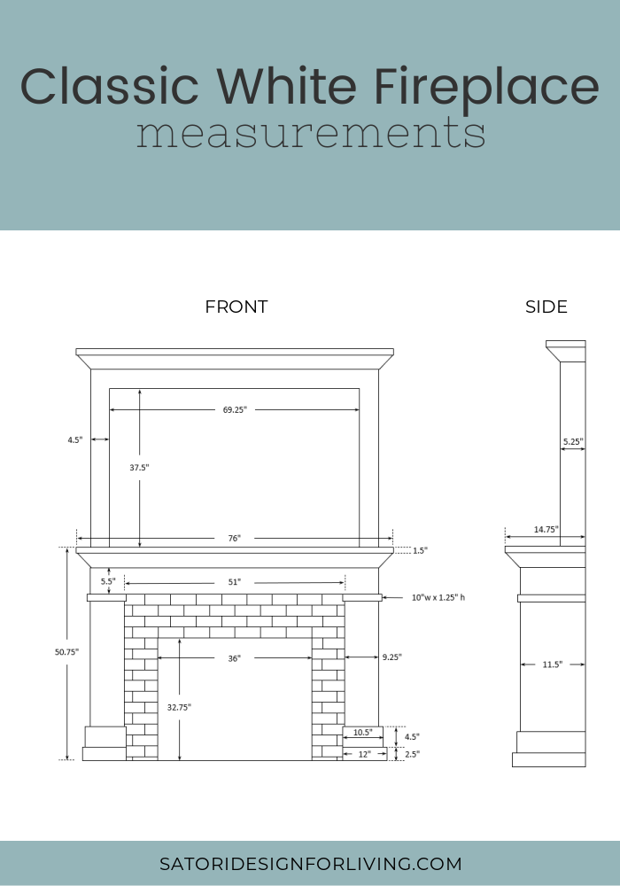 Measurement Guide to Build a Classic White Fireplace - Front and Side Views