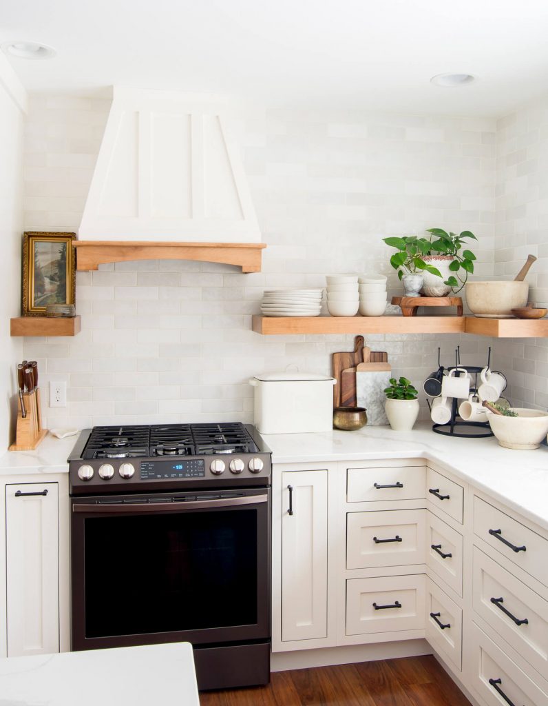 White Dove Kitchen Cabinets with Floating Shelves - Grace in My Space