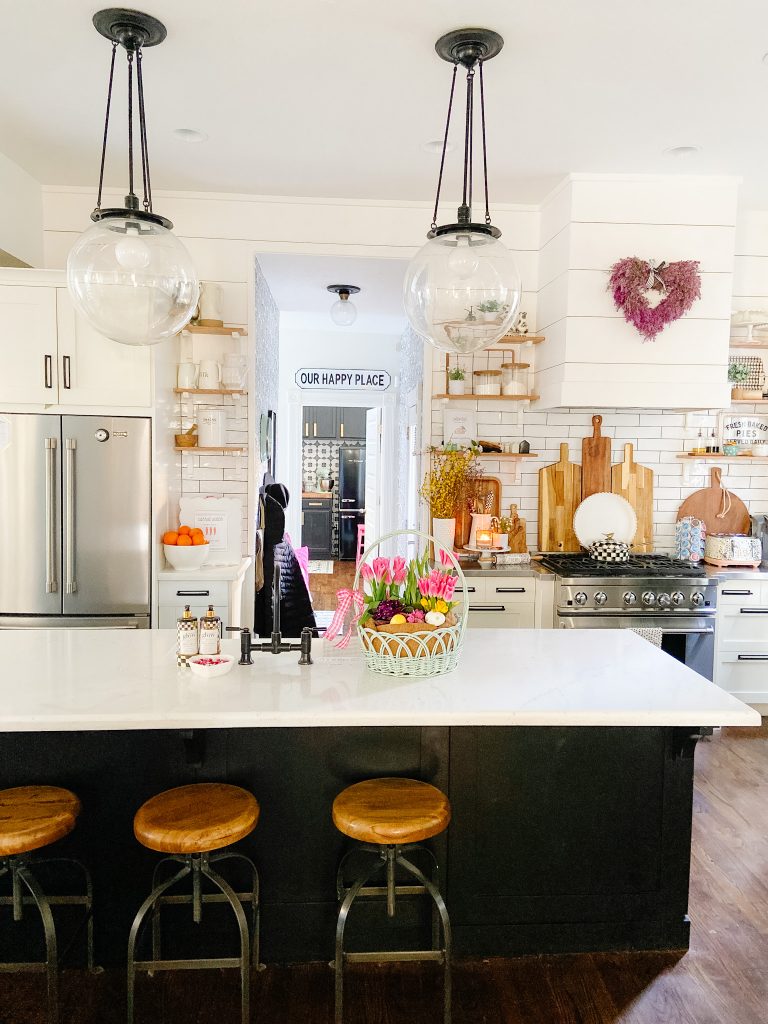 Glidden Delicate White Kitchen with Black Island - Tatertots and Jello