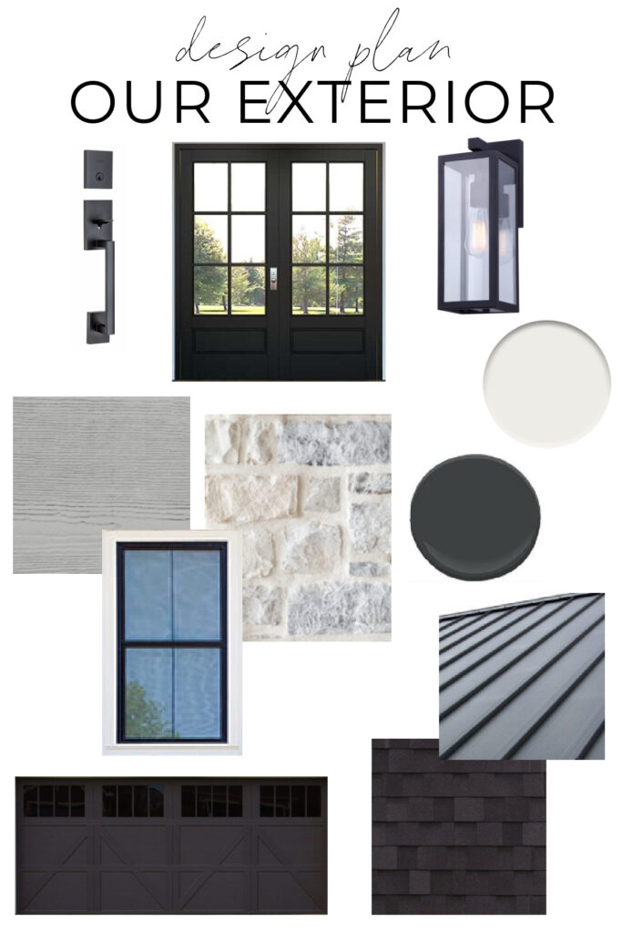 Modern Farmhouse Exterior Design Plan, Including Grey Siding, Black Metal Roofing, Limestone, Black Sconce, Double Doors and More