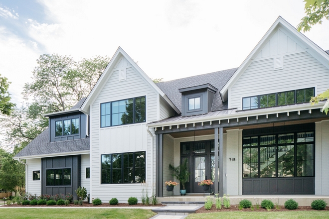 Light Grey, Charcoal and White Modern Farmhouse Exterior by M House Development