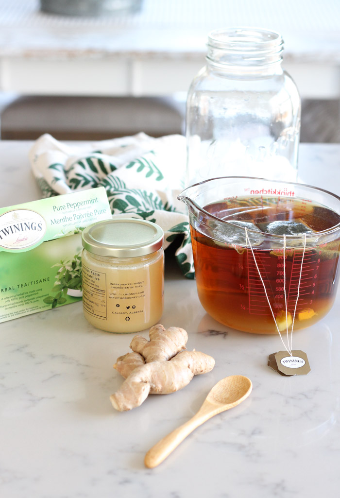 Ginger Mint Iced Tea Ingredients, Including Fresh Ginger, Honey and Peppermint Tea Bags