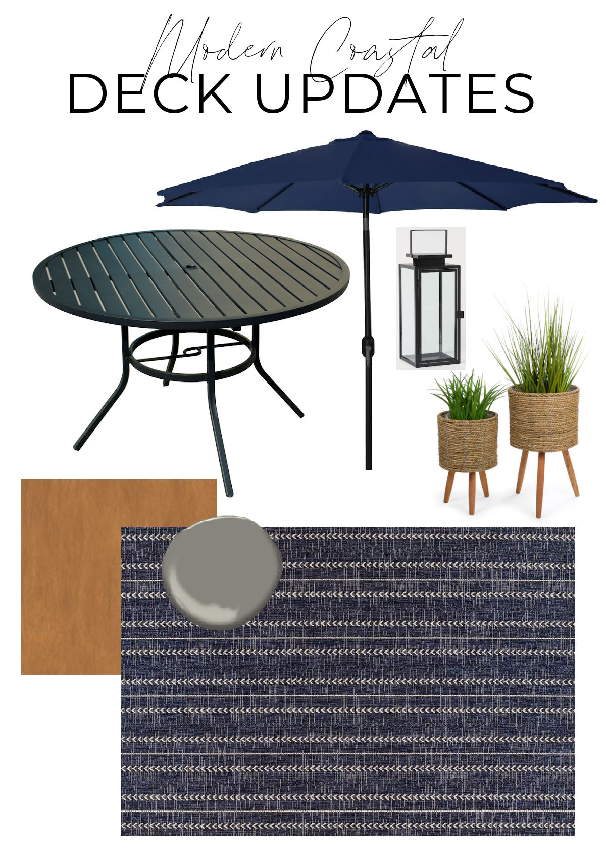 Modern Coastal Deck Stain Colours and Decor, Including Navy Striped Outdoor Rug and Umbrella