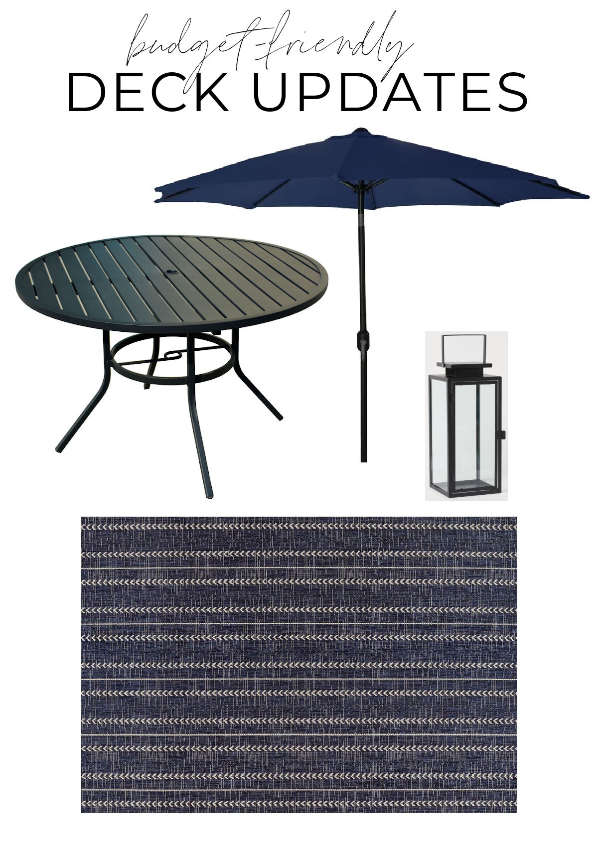 Navy Outdoor Umbrella and Striped Rug, Plus Metal Black Round Table and Lantern Candle Holder