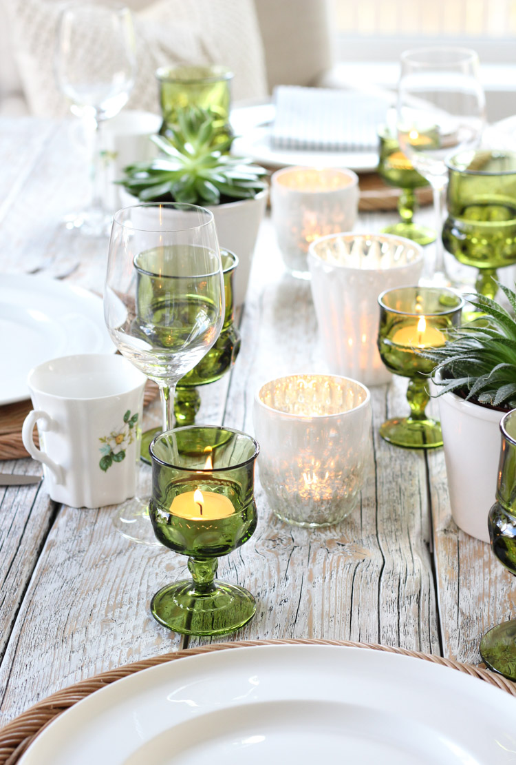 Fall Table Set with Green Goblets, White Floral Mugs and White Mercury Votives