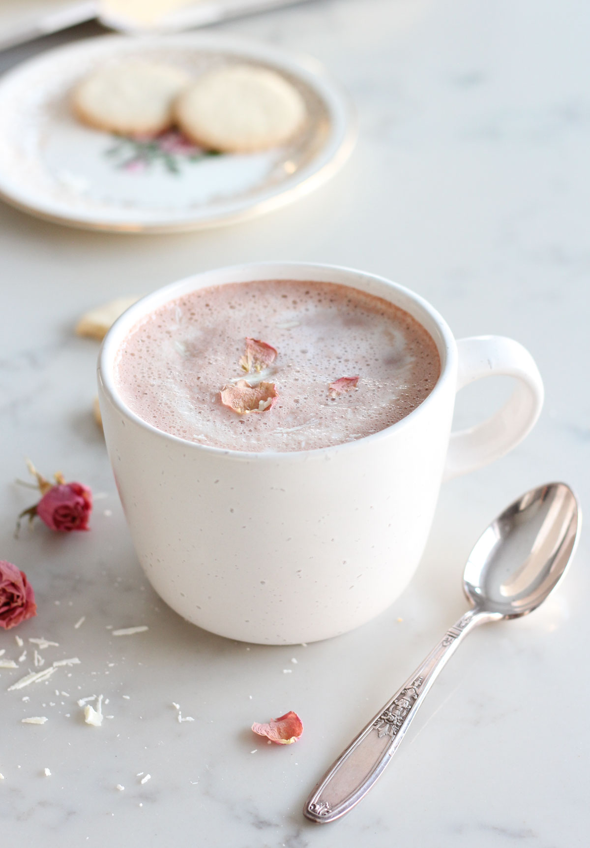 Strawberry Hot Chocolate in White Mug Topped with Dried Culinary Rose Petals